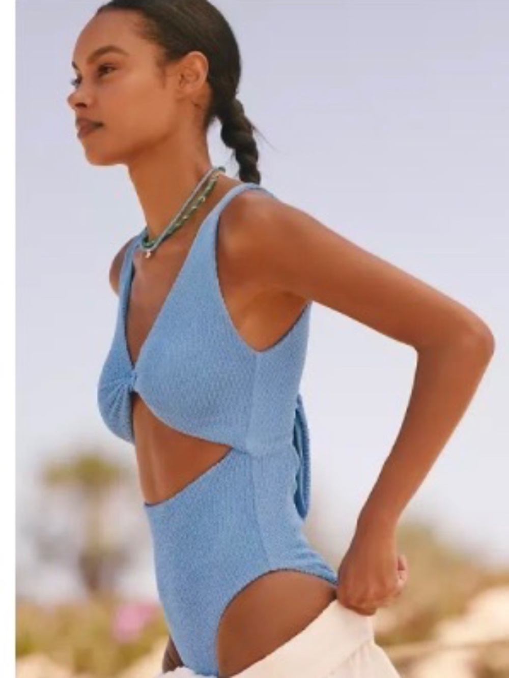 Malai Twix Rare Light Blue Twist Front Cut Out Textured One Piece Swimsuit S